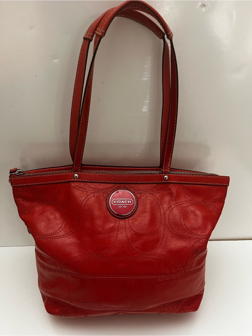 Vintage Coach Signature Embossed Leather Tote Bag Orange Zipper Closure Y2K